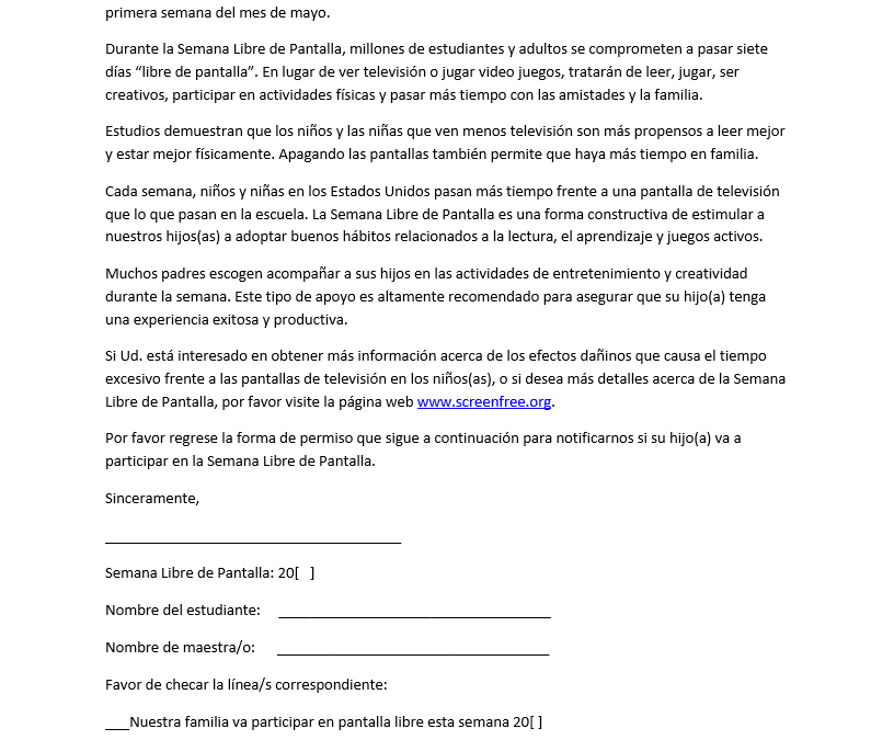 Parent letter (Spanish)