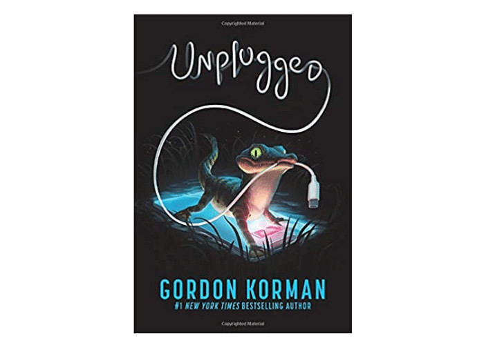 Cover of Unplugged by Gordon Korman, black cover with lizard holding a plug