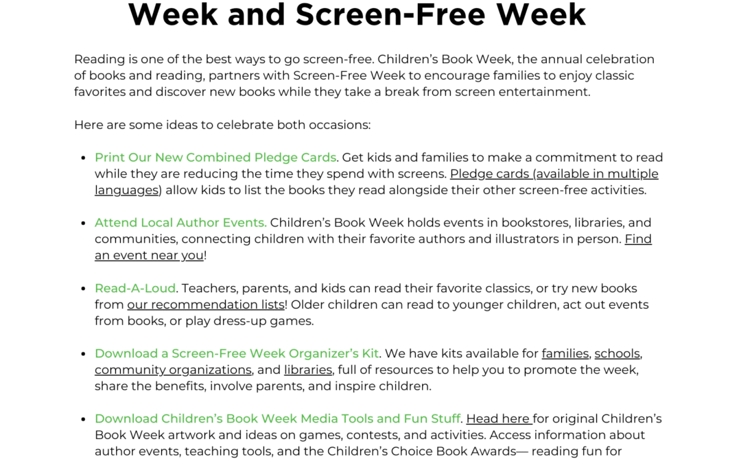 Celebrating Children’s Book Week and Screen-Free Week