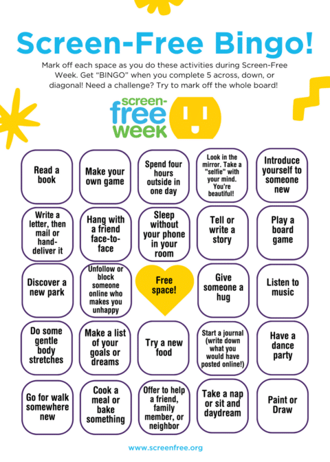 Screen-Free BINGO (Sr. Card for middle school and up) - Screen-Free Week